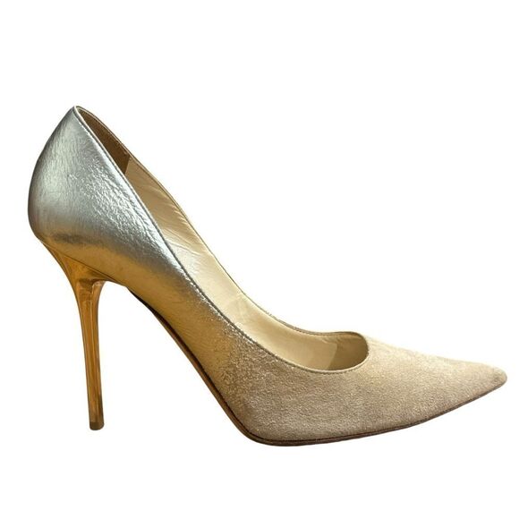Jimmy Choo Abel Degradé Metallic Gold Tan Beige Suede Pointed Toe Stiletto Pumps - Picture 2 of 15